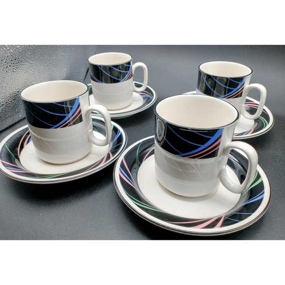 Vintage 80s Joan Luntz Sango Escapade Cup and Saucer set of 4 black pink blue - Picture 1 of 7
